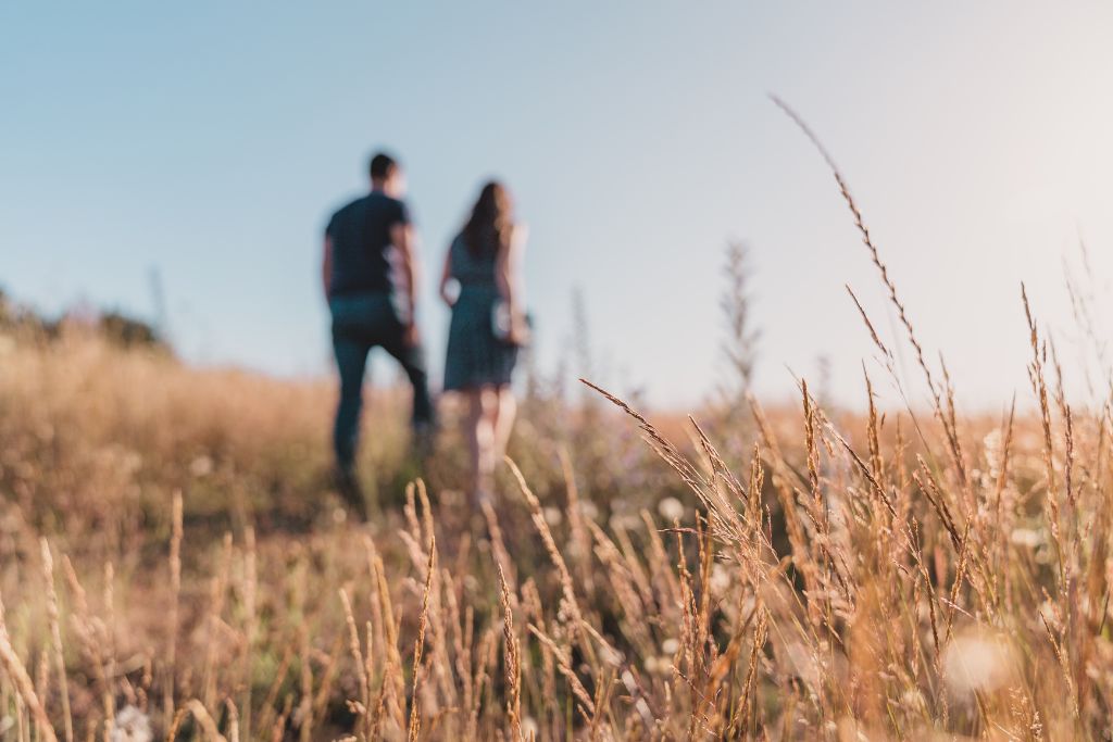 Silhouetted couple walking through tall grass, representing a shared journey and future planning