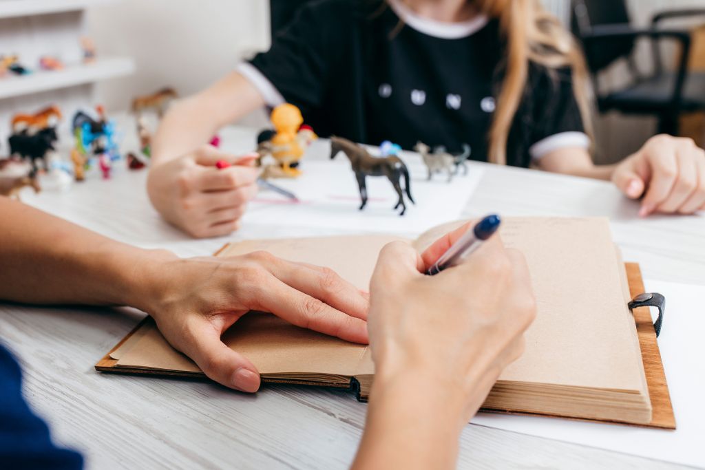 Child and adult interacting with toy animals in a play therapy setting